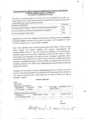 DRDO, Hyderabad Notified Recruitment for 03 Posts of JRFs 2014