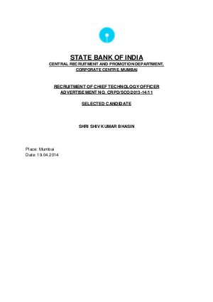 SBI Declared Final Result for Recruitment to Chief Technology Officer Post