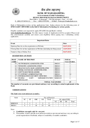Bank of Maharashtra Notified Recruitment for Specialist Officer Posts 2014