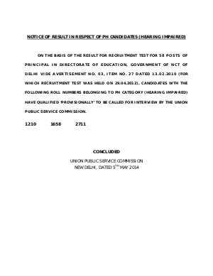 UPSC Declared Result of Principal in respect of PH Candidates