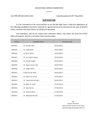 APSC Announced Interview Schedule for the post of VAS/EO (Vety.)