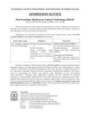 NCB Notified Admission for Post-Graduate Diploma in Cement Technology 2014-15