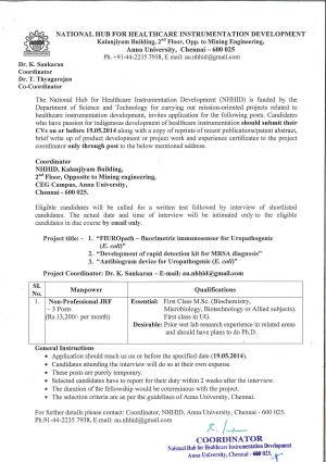 NHHID Chennai Notified Recruitment for 03 Posts of JRF 2014