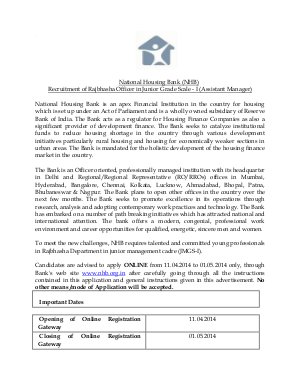 National Housing Bank (NHB) Notified Recruitment for 01 Post of Assistant Manager 2014