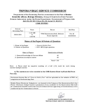 Screening Test Schedule for Senior Scientific Officer