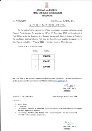 Arunachal Pradesh PSC Announced Written Exam Results for Field Officer 2014