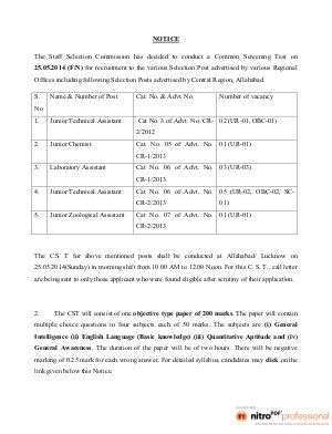 SSC (Central Region) Issued Admit Card for CST for Various Posts