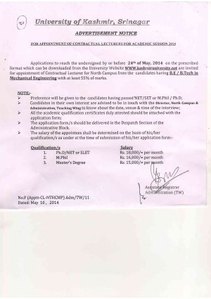 Detailed Notification of Contractual Lecturers for North Campus