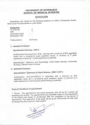 University of Hyderabad Notified Recruitment for 03 Posts of Assistant Professor 2014