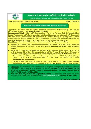 Central University of Himachal Pradesh Notified Admission for PG Programmes2014