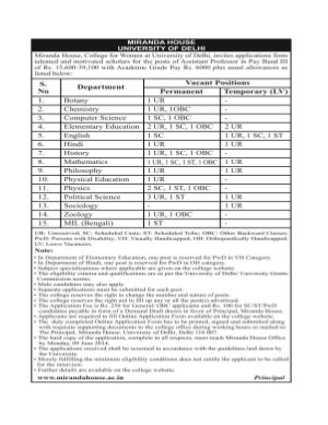 Miranda House, DU Notified Recruitment to the Post of Assistant Professors 2014