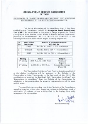 OPSC, Cuttack AnnouncedComputer Based Test Schedule for Drug Inspector Class-II Posts 2014