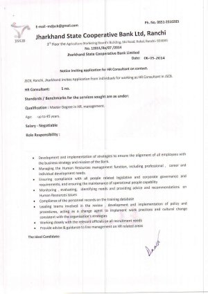 Jharkhand State Cooperative Bank Notified Recruitment for 3 various posts 2014 For HR Consultant