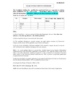 Gujarat PSC Notified Recruitment to 64 Posts of Horticulture Officer (Class-II) 2014