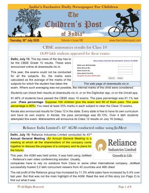 The BIG Reliance Story - The Children's Post, 16th July, 2020 