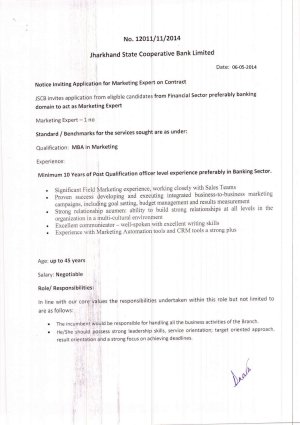 Jharkhand State Cooperative Bank Notified Recruitment for 3 various posts 2014 Marketing Expert