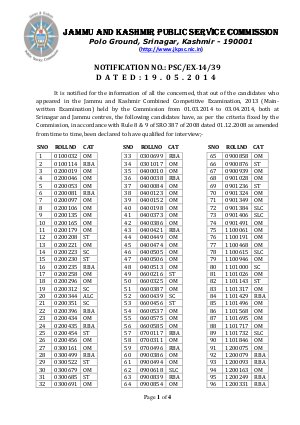JKPSC Declared Result of J&K Combined Competitive Exam 2013