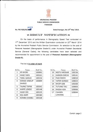 Arunachal Pradesh PSC Declared Final Result for Personal Assistant Post