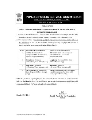 PPSC Announced Test Schedule for Physical test for Dy. Superintendent of Police Posts 2014