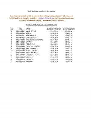 SSC-SR Chennai Issued Interview Schedule for Junior Scientific Assistant 2014