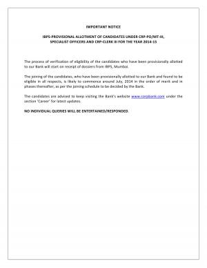 Corporation Bank Issued Notice for Provisionally Allotment Candidates through IBPS Mumbai 2014