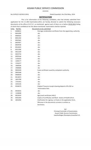 Assam PSC Combined Competitive Main (Written) Exam 2013: Rejected List