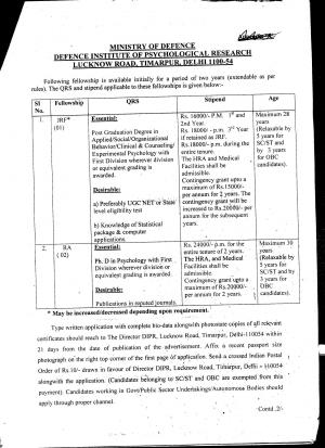 Defence Institute of Psychological Research Notified Recruitment for 3 JRF & RA Posts 2014