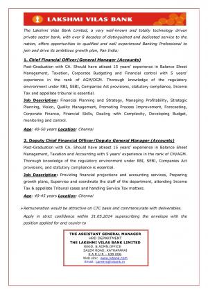 Lakshmi Vilas Bank Notified Recruitment for the 02 Various Posts 2014
