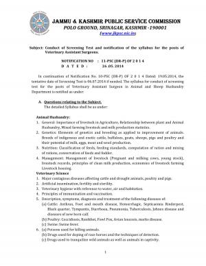 JKPSC Issued Screening Test Date for Veterinary Assistant Surgeons Post