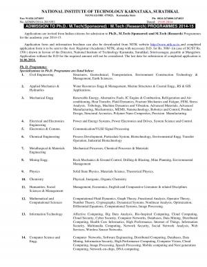 National Institute of Technology Karnataka Notified Admission to Ph. D/ M. Tech Programmes 2014-15