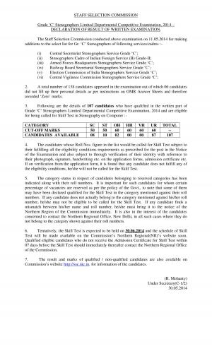 SSC Grade ‘C’ Stenographers Limited Departmental Competitive Exam 2014: Result Detailed Notice
