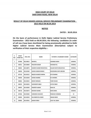 High Court of Delhi Declared Result of Delhi Higher Judicial Service Prelim Exam 2013 Shortlisted Candidates for Main