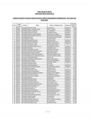 High Court of Delhi Declared Result of Delhi Higher Judicial Service Prelim Exam 2013 Complete Result