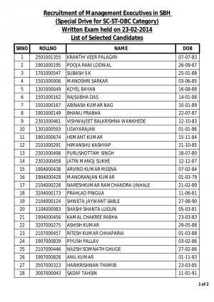 State Bank of India (SBI) Announced Results for Management Executive Posts 2014