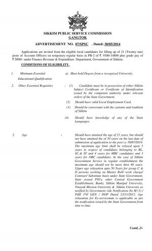 Sikkim PSC Notified Recruitment to the Post of Account Officer 2014