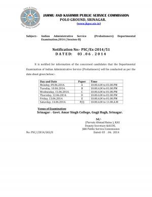 JKPSC Announced Departmental Exam Schedule of IAS (Probationers) 2014