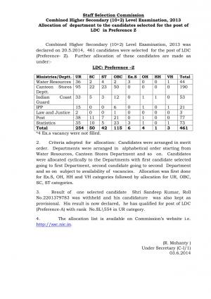SSC Combined Higher Secondary (10+2) Level Exam 2013: Allocation of LDC Detailed Notice