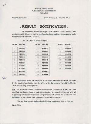 Arunachal Pradesh PSC Announced Result for APPSCCE Main Exam 2013/14