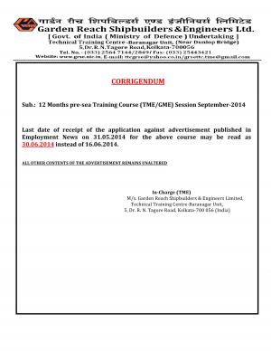 Garden Reach Shipbuilders & Engineers Ltd. Notified Admission to Pre-sea Training Course 2014