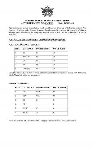 Sikkim PSC Notified Recruitment to 127 Posts of Graduate Teachers 2014
