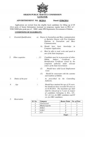 Sikkim PSC Notified Recruitment to the Post of Senior Information Assistant 2014