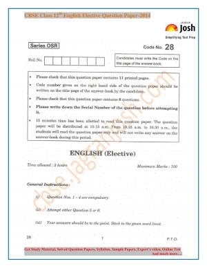 CBSE Class 12th English Elective Core Question Paper 2014