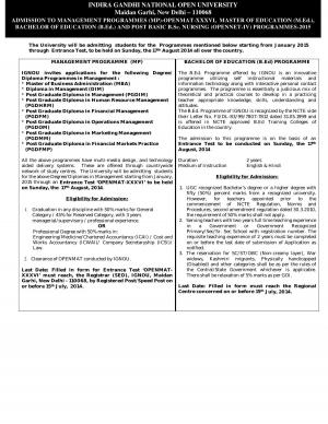IGNOU Entrance Test for Management/B.Ed./M.Ed./Post Basic B.Sc. Nursing Programmes for 2015 Sessions