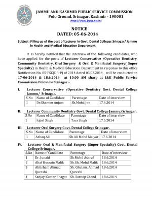 JKPSC Released Interview Schedule for Lecturer in Govt. Dental Colleges 