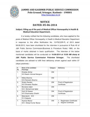 JKPSC Issued Interview Schedule for Medical Officer (Homeopathy)