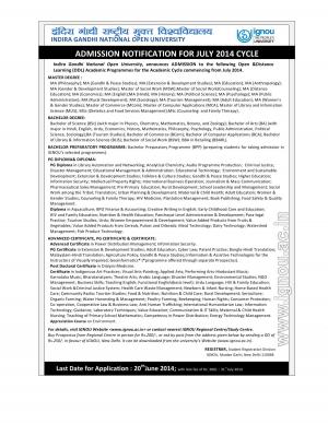 IGNOU Notified Admissions for July 2014 Session