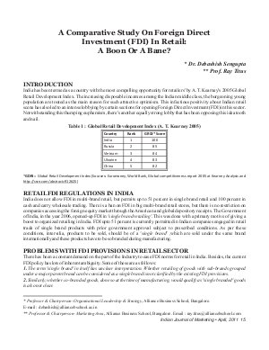 IJM-April11-Article2-A Comparative Study On Foreign Direct Investment (FDI) IN Retail : A Boon Or A Bane?