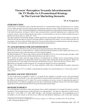 IJM-April11-Article5-Viewers' Perception Towards Advertisements On TV Media As A Promotional Strategy In The Current Marketing Scenario