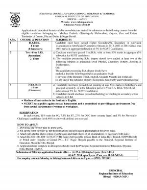 NCERT Regional Institute of Education Bhopal Notified Admission to B. Ed/M. Ed Programmes 2014-15
