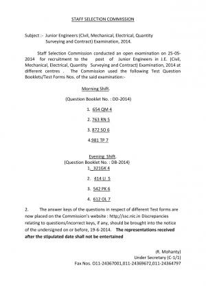 SSC Junior Engineers Exam 2014: Answer Key (3)